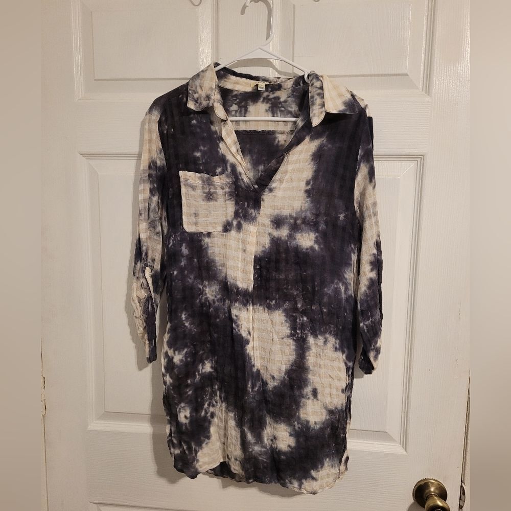 Boyfriend tye dyed gingham pattern tunic top Linen blend